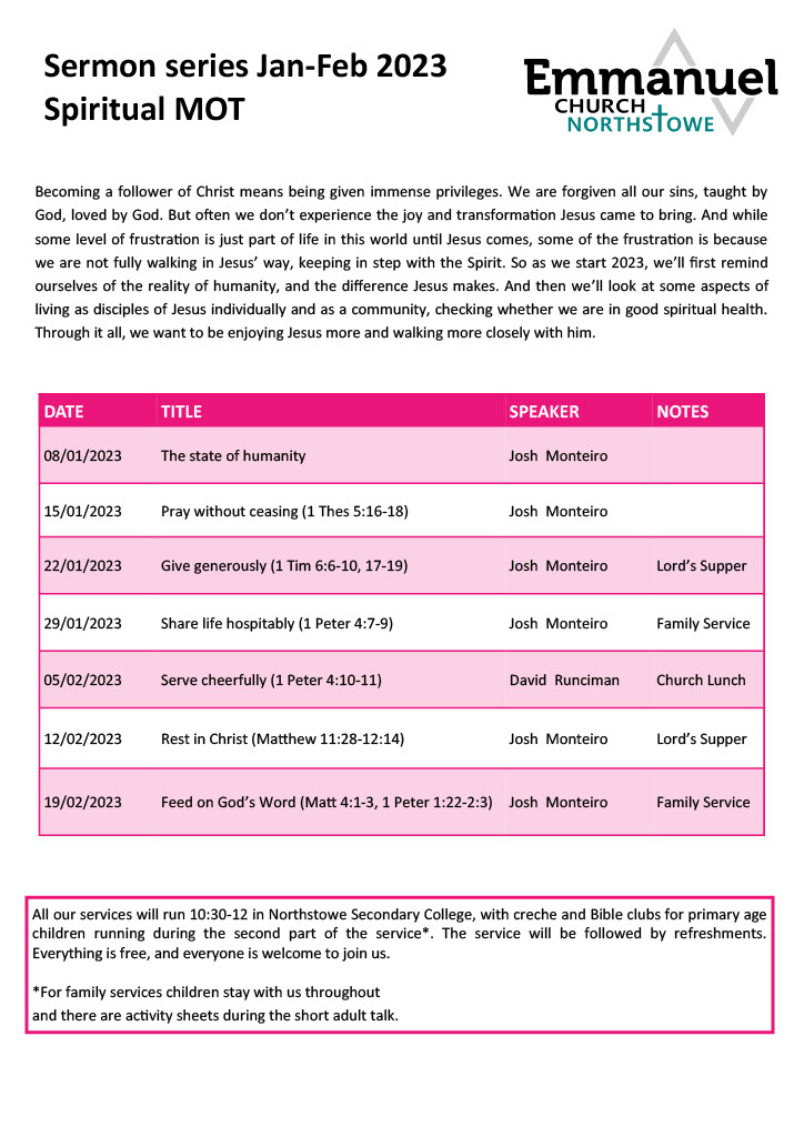 Spiritual MOT Sermon Series details